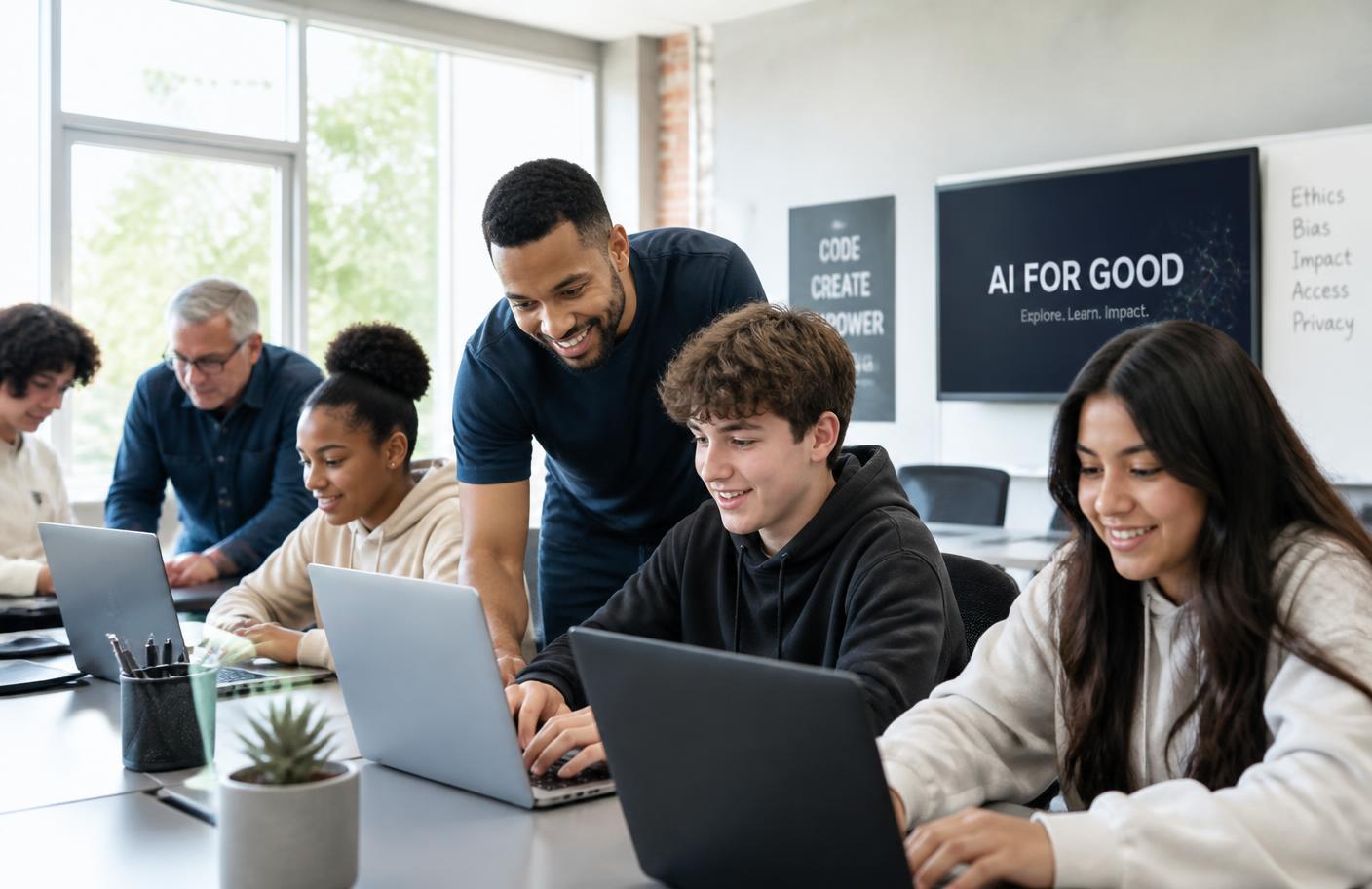 Students and adults learning digital and AI skills on laptops with an instructor