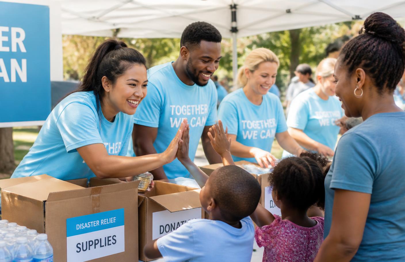 Volunteers in blue shirts welcoming families at an outdoor community event